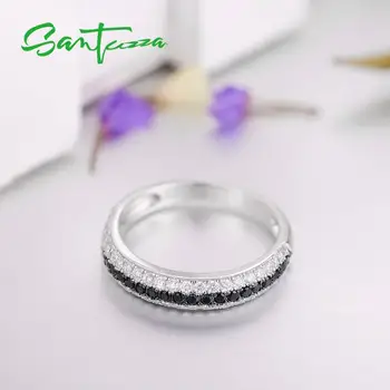 SANTUZZA 925 Sterling Sølv Ringe For Kvinder, Sorte og Hvide Sten, Runde Cubic Zirconia Fine Smykker, Ringe