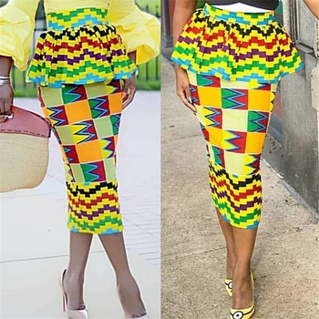Afrikansk Print Bodycon Midi-Længde Nederdel for Kvinder Blyant Peplum Nederdel med Høj Talje Slank Flæser Plus Size Nigerianske Jupe Saias