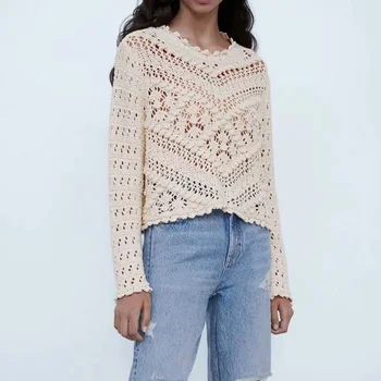KUMSVAG 2020 Kvinder Trøjer Trøjer med Lange Ærmer O-Hals Hule Solid Mode Sweater Kvindelige Splejse Vintage Trøje Tøj