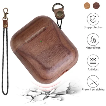JINSERTA Træ-Sag for Airpods 1/2 Bluetooth-Hovedtelefon Shcokproof Beskyttende Cover med Lanyard til Airpods 1/2 Opladning Box