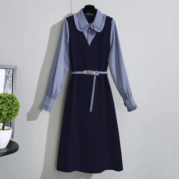 Koreansk Mode Falske-To Dress Kvinder Foråret Plus Størrelse 4XL Elegante Splejset Lange Ærmer Party Dress Street Sød Skjorte A-Line Kjole