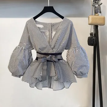 Lanterne Ærmet Bluse Shirt Kvinder 2020 Mode koreansk Stil Sommeren Bue V-hals Stribet t-Shirt, Elegante Damer Toppe Kvinde Tøj
