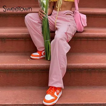 Sweetown Pink Baggy Bred Ben Bukser Kvindelige Stor Lomme Patchwork Cargo Bukser Casual Streetwear Talje Skåret Ud Lige Bukser Y2K