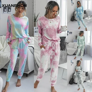 XUANSHOW Kvinder 2 Stykke Tie Dye Drop-skulder Sweatsuit Udstyr Lounge Pyjamas Sæt Loungewear Tøj til Kvinder Chandal Mujer