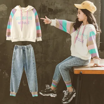 Foråret Falder Teenage Piger Hættetrøjer Udstyr 2020 Casual Løs Sweatshirts og Jeans, Bukser Tøj Sæt Kids Baby Sport, der Passer 12Y