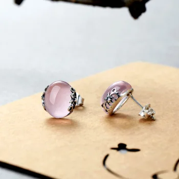 Ægte Sterling Sølv 925 Øreringe Naturlig Gemstone Rosakvarts Stud Øreringe Til Kvinder Vintage Smykker Tilbehør