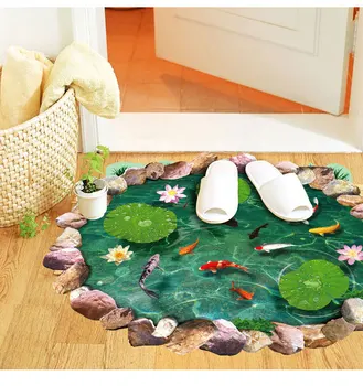 Lotus Dam 3D-Gulvtæppe Klistermærker Fisk I Vandet Wall Stickers PVC Vinyl Hjem Indretning Badeværelse Soveværelse Væg-Dekoration Vandtæt