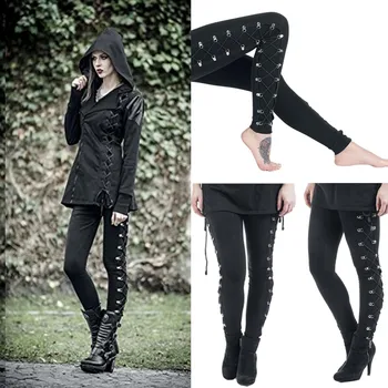 Lace-up Design Bukser Kvinder Mode Gotiske Lady Side Lace-Up Leggings Sorte Skinny Pander Bukser Джинсы