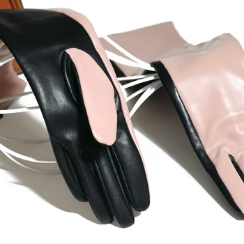 Kvinders Mænds Ægte læder Farve splejsning Overlength Tilpasset Pink Party Aften handsker lange handsker