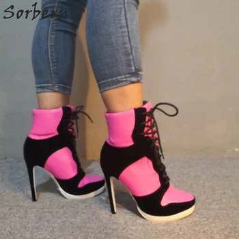 Sorbern Pink Sneakers, Høje Hæle Ankel Støvler Platform Brugerdefinerede Farver Damer Høje Hæle Størrelse 6 Støvler Med Stilethæl Bane Sko Kniplinger Op