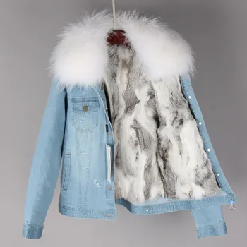 2020new fashion brand kvinder denim pels pige denim jakke ægte kanin pels, tyk foring vaskebjørn pels krave bombefly jakke at holde varmen