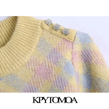 KPYTOMOA Kvinder 2021 Sød Mode Med Rhinsten Knapper Strikket Sweater Vintage O-Hals Lange Ærmer Kvindelige Pullovere Smarte Toppe
