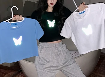 2020 Sommeren Reflekterende Butterfly Afgrøde Top Kvinders koreanske Trykt kortærmet Top Grundlæggende Shirt W824