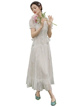 2019 nye mode kvinders kjoler fransk Vintage Hvid kortærmet Lace Lang Kjole Ferie