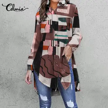 Smarte Toppe Celmia dametøj Efteråret Revers langærmet Bluser Vintage Print Patchwork Blusas Mujer Casual Løs Shirts