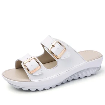 Kvinder, tøfler spænde ægte læder sko slides solid tyk sål hæle beach sandaler kvinder uden klip-klappere sommeren 2020 ert5