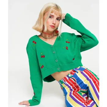Chrry Cardigan Kvinder Sweater Mode V Neck Strikket Broderi Pullovere Sweater Toppe Sexet Casual Søde Crop Tops Sweater, Jumper