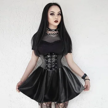 Kvinder Gotiske Punk Nederdele Vinter Vintage Sorte Bandage Læder Nederdele Mode Slank Mini Plisserede Nederdele Modetøj 2020