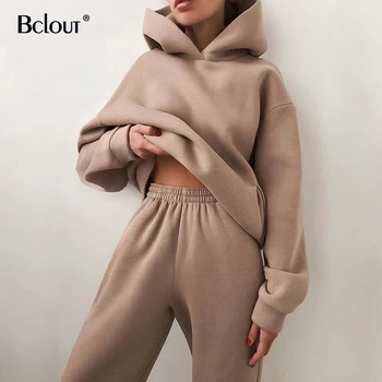 Bclout Casual Solid Hættetrøjer Og Joggere Kvinder, Der Passer Til To-Delt Sæt Mode Strik Sportstøj 2021 Streetwear Løs 2 Delt Sæt