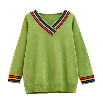 2020 Cashmere Sweater Kvinder Mode Stribet Syning V-Hals Koreanske Top Strik Fuld Ærmer Uld Pullover Tøj, Efterår, Vinter