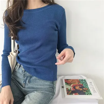 Colorfaith Nye 2019 Efterår og Vinter Kvinders Sweater med V-Hals Minimalistisk Slank Bunden Toppe koreansk Stil Solid Multi Farver SW5516