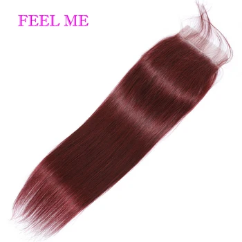 FeelMe 99J/Bourgogne menneskehår Bundter Med Lukning 4x4 rødvin Brasilianske Straight Hair Weave Bundter Med Lukning Remy Hår