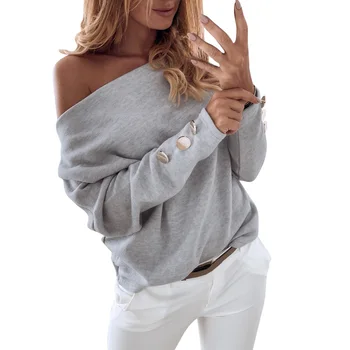 Efteråret Off Skulder Strikket Sweater Kvinder Sexet Pullover Lang Slash Hals-Knappen Solid Vinter Casual Streetwear Toppe I 2020