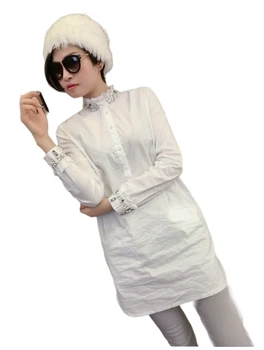 2020 Sommeren Nyt Design Bomuld Kvinder Bluse Og Skjorter, Lange Slanke Dame Beaded Hvide Skjorter Outwear Toppe