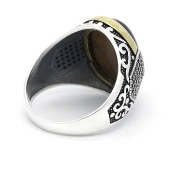 Ægte sterling sølv antik tyrkisk ring med sten tiger eye mænds farverige punk rock smykker