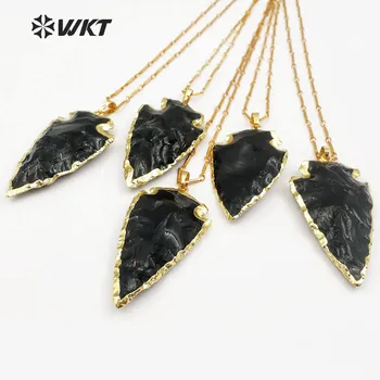 WT-N1113 Engros Naturlige Trendy Rå sort obsidian arrowhed Halskæde med Guld kæde Smykker til kvinder
