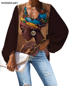 WHEREISART Sorte Afrikanske Kvinder Bluser Personlig Queensize-Shirts V-Hals Low Cut-Lanterne Ærme Løs Glat Silke Og Satins Toppe