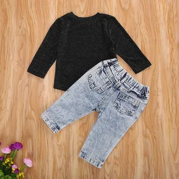 Baby Girl Fashion 2stk Tøj Bling Bling Paillet Perlebesat Top-Shirt, slidte Jeans Bukser Børn Forår Efterår Tøj 0-5 År
