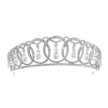 2019 Klassisk Design Cubic Zirconia Dingle perle Bryllup Brude Tiara Krone for Kvinder Bride Hair Accessories Smykker CH10223