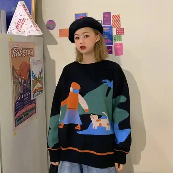 Efterår Og Vinter Med Lange Ærmer Strikket Sweater Harajuku Mode Sød Tegnefilm Pullover Sweater Casual Løs Kvindelige Sweater Frakke