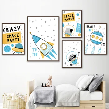Tegnefilm Zebra Kat Koala Raket Space Skib, Væg Kunst, Lærred Maleri Nordiske Plakater Og Prints Væg Billeder For Kids Room Decor
