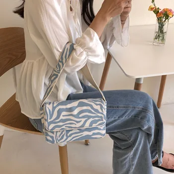 Vintage Design Kvinder Lærred Baguette Håndtasker Blå Zebra Mønster Damer Skulder Tasker Mode Kvindelige Små Tote Kobling Pung