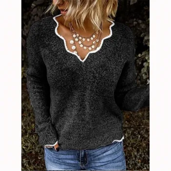 Kvinder, Efterår, Vinter Varm Pullover Top med lange Ærmer Strikket Sweater Elegante V Neck Ladies Løs strik Trække Streetwear