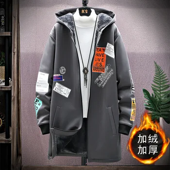 Fleece Vinter Jakke Mænd Print Japansk Hooded Lang Trench Coat Black Hip Hop Streetwear Tyk Mænds Jakker