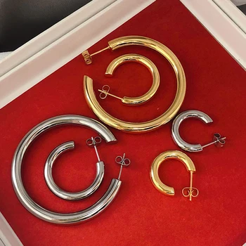 Chunky tykke guld halvdelen hoop øreringe i Rustfrit medicinsk stål til kvinder C hoop øreringe mode ins 2020
