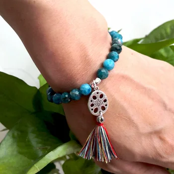 Healing Energi Armbånd Naturlig Gemstone snitfladen Apatit Perler Armbånd Til Kvinder Lotus Kvast Charme Yoga Meditation 8MM