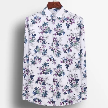 Mænd ' s Ungdommelige Vitalitet Blomster Trykt Bomuld Shirts Lomme-mindre Design med Lange Ærmer Standard-fit Afslappet Ferie Hawaii-Skjorte