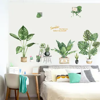 Kreativ store grønne blad Wall stickers friske potteplanter hjem indretning til soveværelset Europa, rum udsmykning smil tapet
