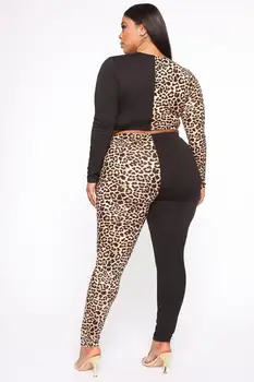 Sexet Nigtclub Plus Size Kvinder, To Stykker Sæt Mode Leopard Printet Patchwork Dyb V-hals, Lange Ærmer Crop Tops + Bukser Party