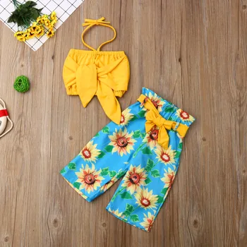 Pudcoco Nyeste Mode Sommeren Toddler Baby Pige Tøj Off Skulder Sløjfeknude Crop Tops Solsikke Print Bukser 2stk Outfits Sæt