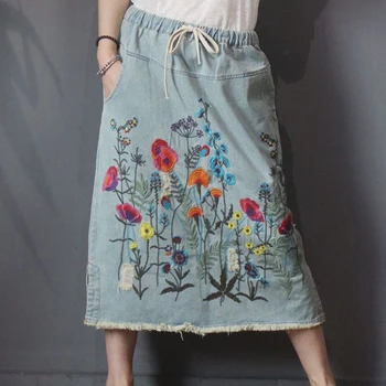 Antal LuLu Koreanske Designer Forår Stil Tøj Dame Løs Vintage Denim Nederdele Damer Afslappet Blomster Broderi Nederdel Plus Størrelse