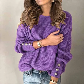 Kvinders Mode Solid Farve Pullover Rund Hals Varm langærmet Sweater Kvinder er Løs Casual Sweater Vestido De Mujer