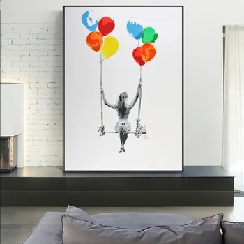 Moderne Kunst Farverig Ballon Swing Abstrakt Billede Indretning Lærred Maleri Plakater Og Prints Pige Swing Væg Kunst, Dekoration