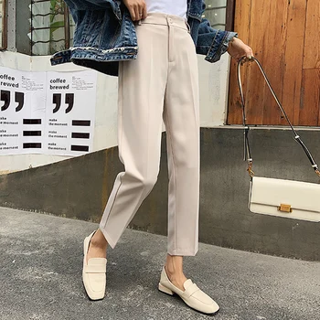 YAMDI kvinder passer bukser kvindelige forår sommer koreanske høj talje varme kvinde kontor dame slank solidt arbejdstøj lomme capris 2020