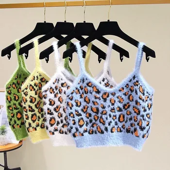Ny Afgrøde Toppe Kvinder Mode Blød Varm Leopard Vest Uden Ærmer Strikket Kort Tank Strik Sweater Ryg-Frakke Femme Print-Toppe