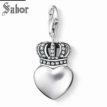 Thomas Crown Heart Charm Vedhæng,2020 Smykker Til Kvinder, Piger,Årgang Gave Sølv farve forgyldt Fit Armbånd charms